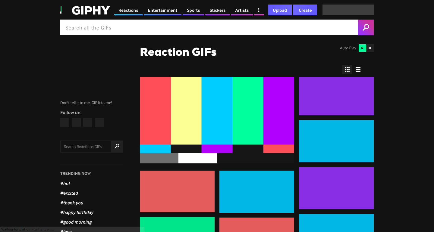 Giphy Reactions Page with images loading